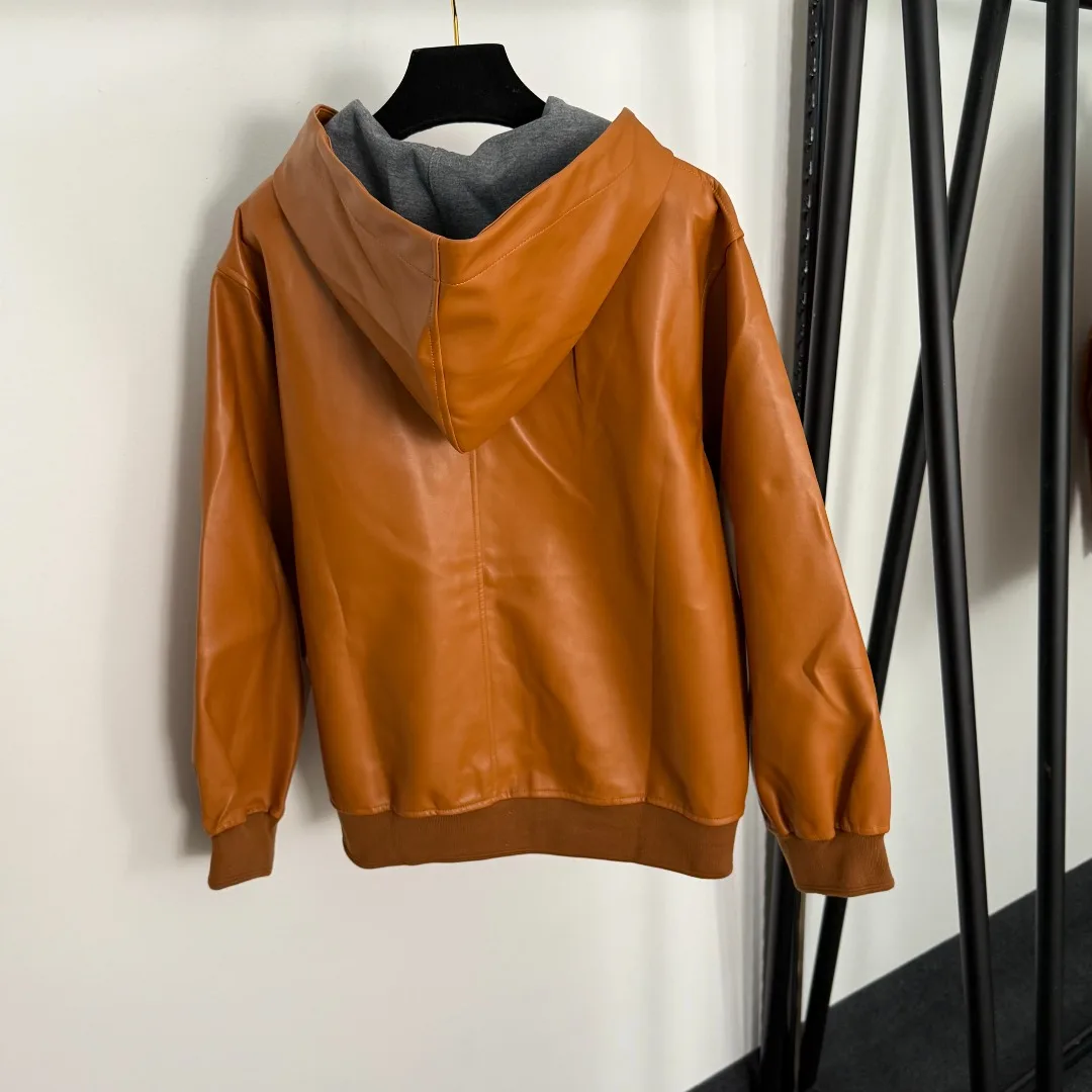 

2025 New Leather label long-sleeved hooded PU leather jacket Versatile Slimming Figure-hugging winter autumn