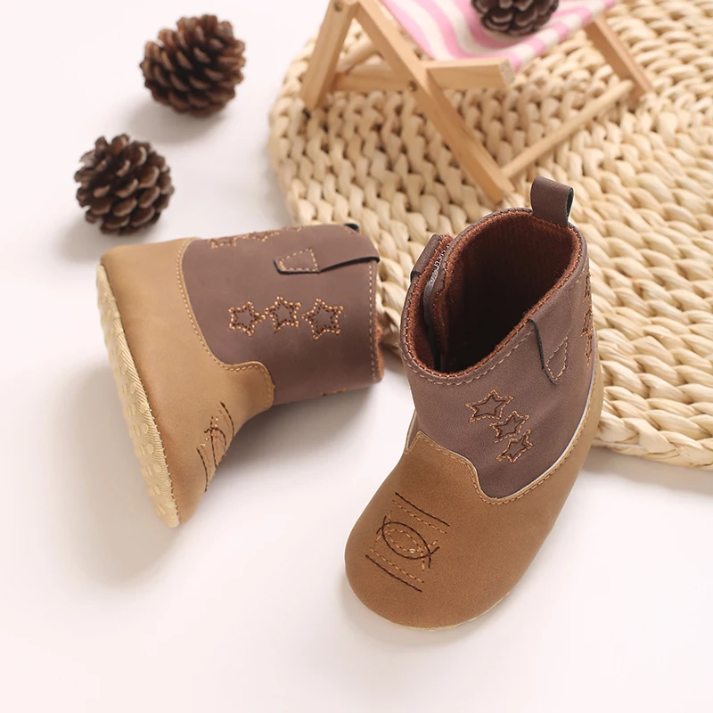 Baby Western Cowboy Boots Star Embroidered Soft Anti slip Sole Baby Steps First Baby Baby Shoes 0-18M