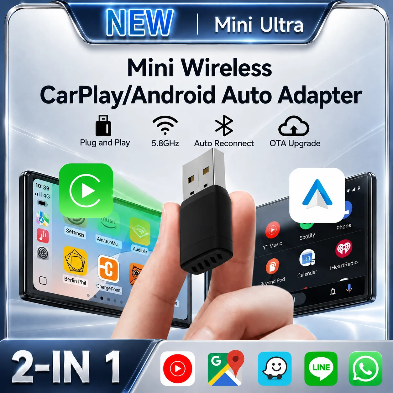 2026 NOWY Adapter Mini 2 w 1 z Przewodowego na Bezprzewodowy CarPlay i Android Auto, 5GHz WiFi5, dla 99% oryginalnych samochodów z przewodowym CarPlay/Auto