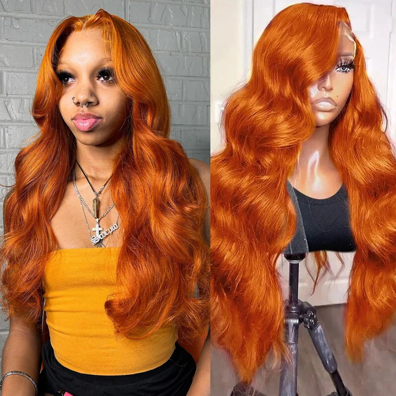 Ginger Orange 13x6 Transparent Lace Front Wigs Malaysia Human Hair Body Wave Human Hair Wig 350 Colored 34 36 inch For Women