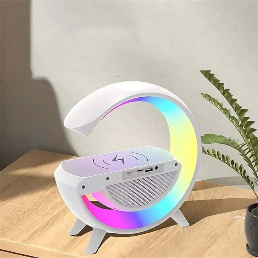 Despertador COM RELÓGIO em forma de G LED Multifuncional 6 em 1 Rádio Recarregador RGB Recarregamento de celular por indução