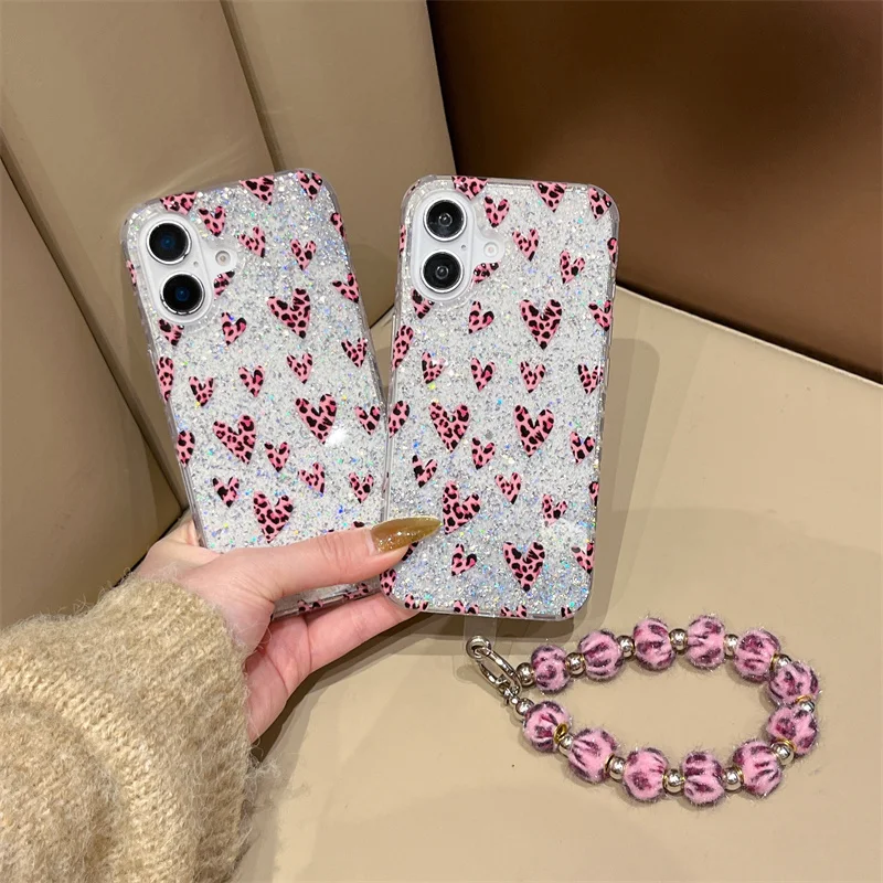 

Fashion Leopard Print Love case for iPhone 16Pro Max 15 14 Pro 13Pro with hinged IMD Cute Shock protection cover For Apple 15Pro