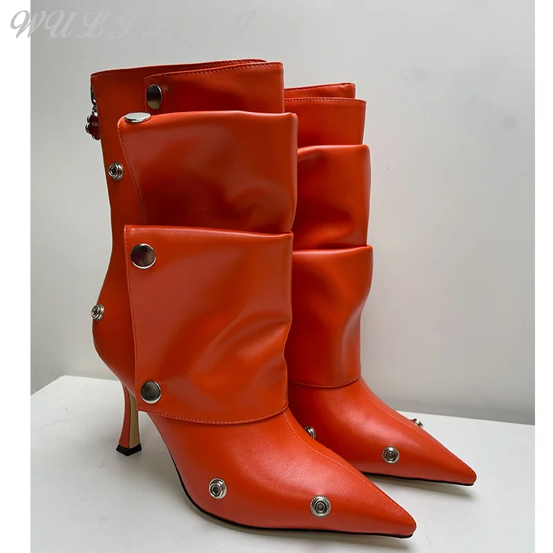 

Pointed Toe Rivets Fashion Stiletto Heel Mid Calf Boots Women Casual High Heels Pleated Back Zipper Punk Modern Boots