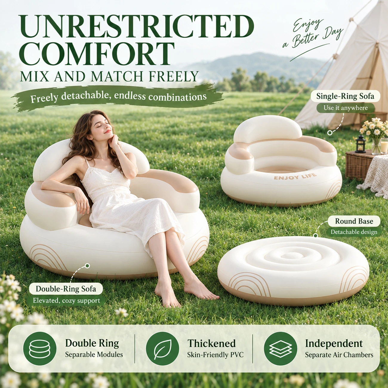 1PC Modular Inflatable Sofa Chair Detachable Design Double Layer Ring Lounge Seat Comfortable Backrest Outdoor Garden Furniture