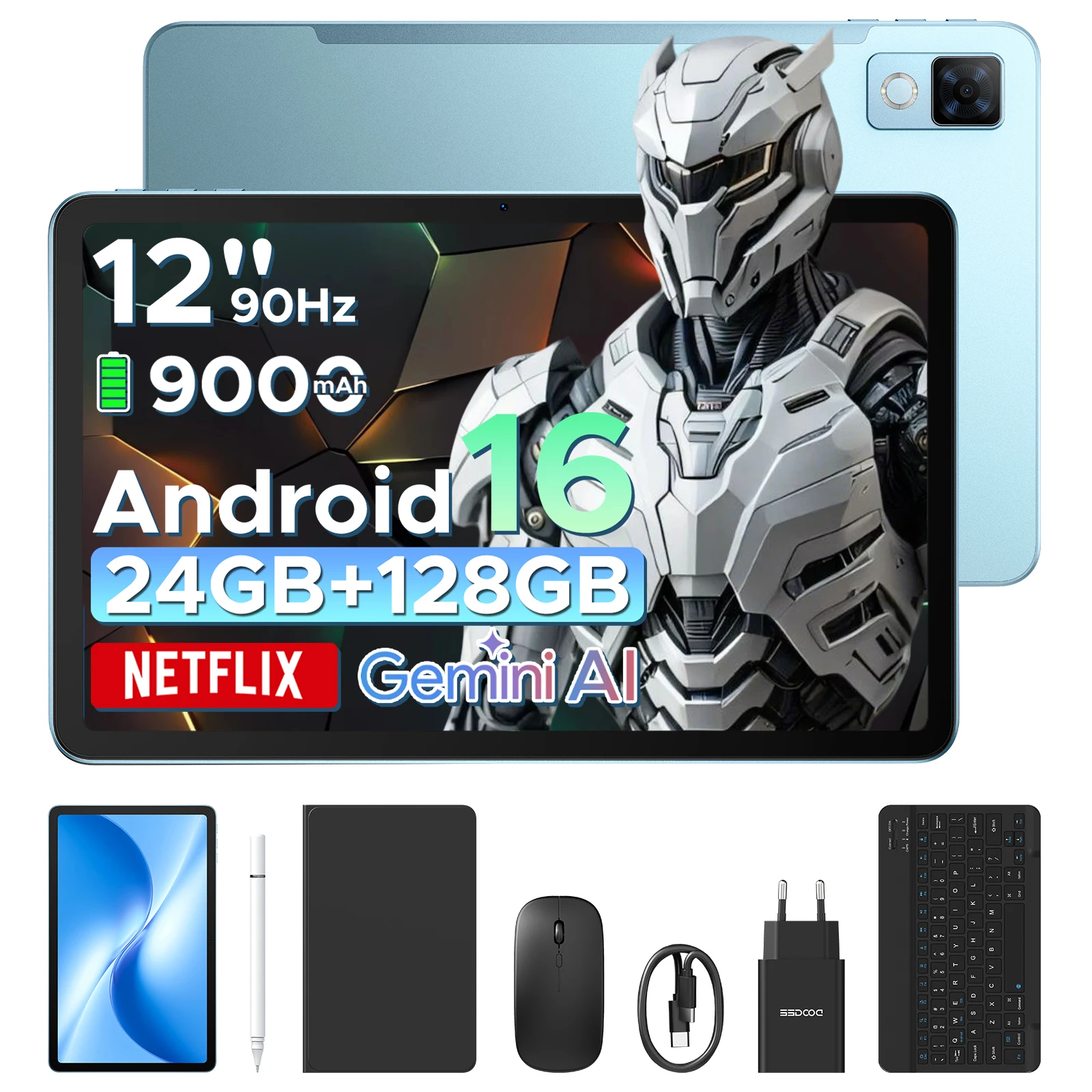 DOOGEE U12 Tablet 12 inch Android 16 Gemini AI 12'' FHD+ 90Hz scherm 24GB RAM+128GB 9000mAh batterij 7,8mm ultradunne tablet-pc