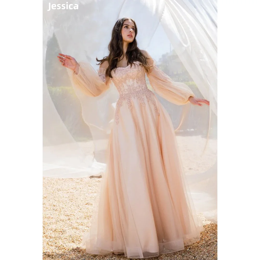 

Jessica Removable Puff Sleeves Evening Dresses Sweet pink Prom Dresses Lace Embroidered Tulle Princess A-Shape Customized