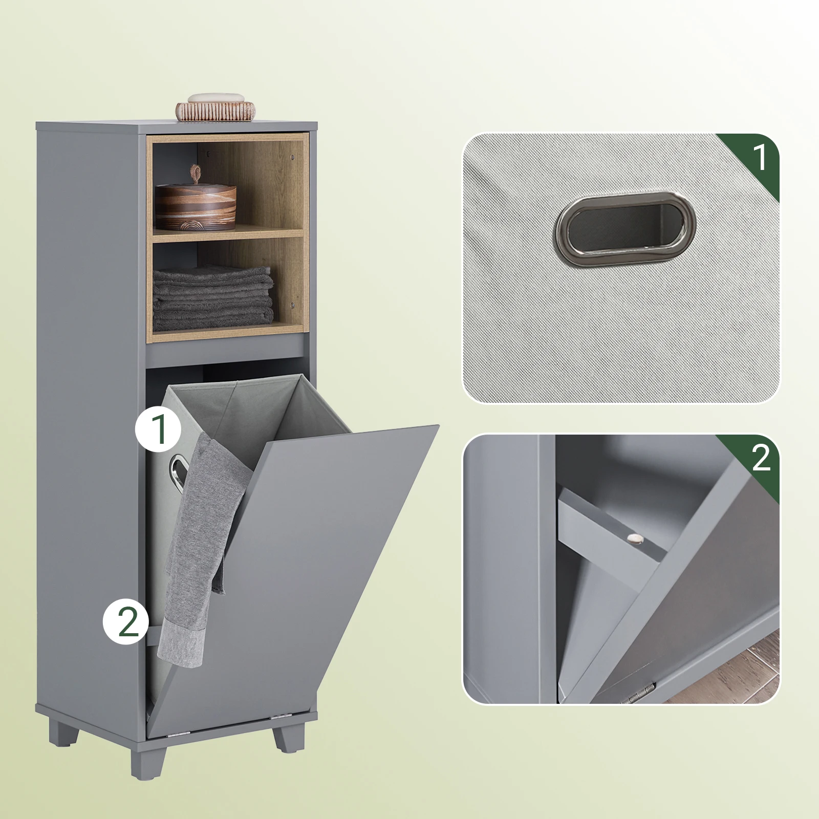 SoBuy BZR146 Wäscheschrank mit ausklappbarem Wäschesack schmal Badezimmerschrank mit 2 Fächern 35x105x30cm – Detail 2