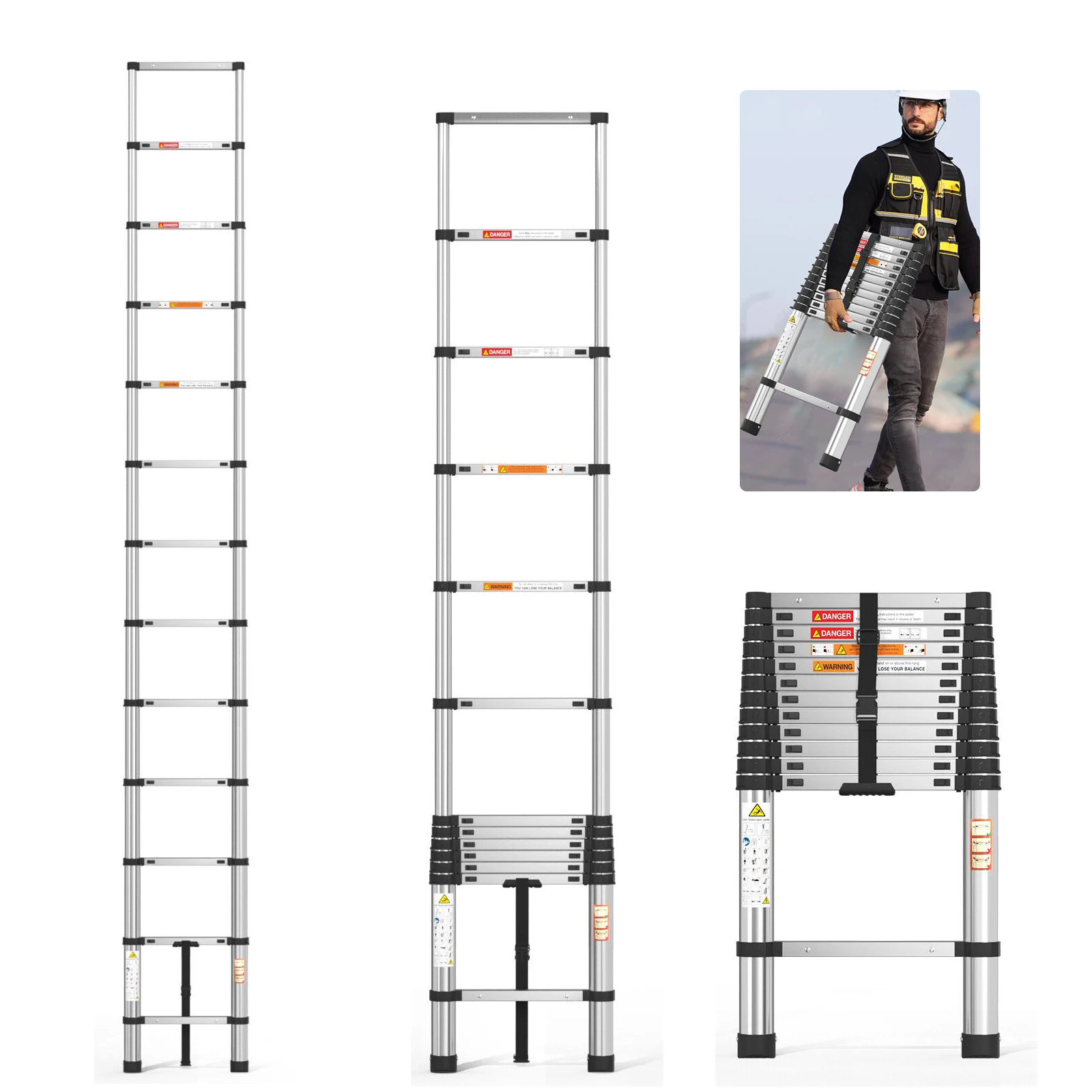 Escalera Telescópica de Acero Inoxidable 2.6M/3.2M/3.8M, Escalera Plegable Multiusos Extensible, Antideslizante y con Capacidad para 150 kg