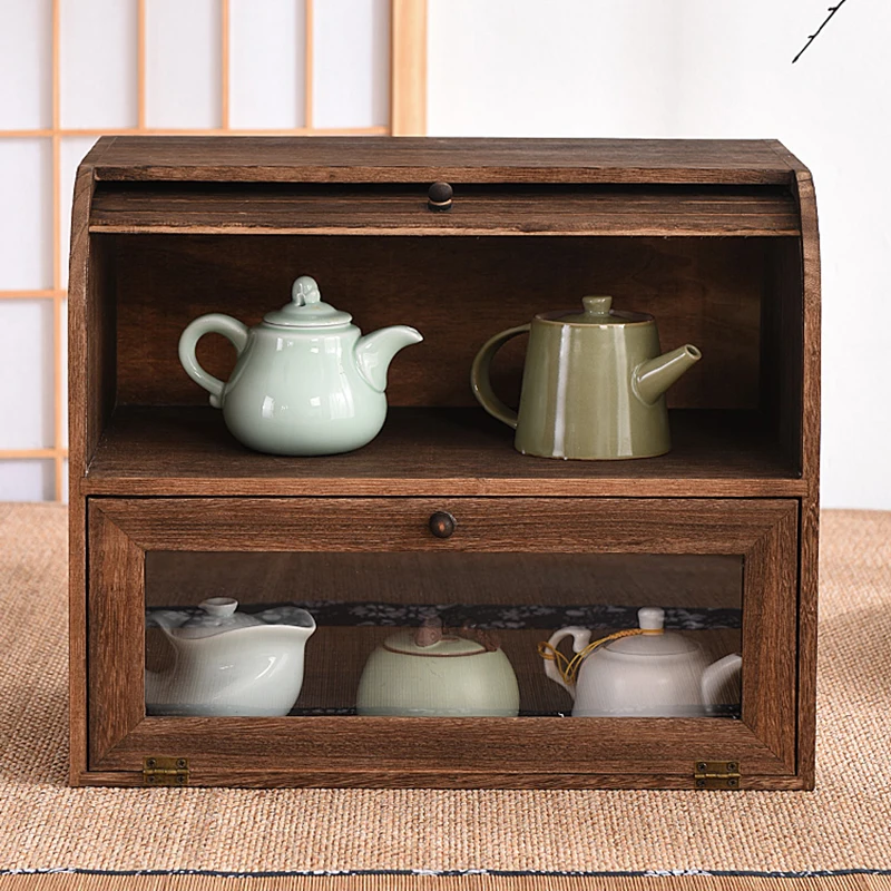 Solid wood dustproof double roll-up design teapot desktop tea set tea cup shelf storage box cosmetics stationery cabinet