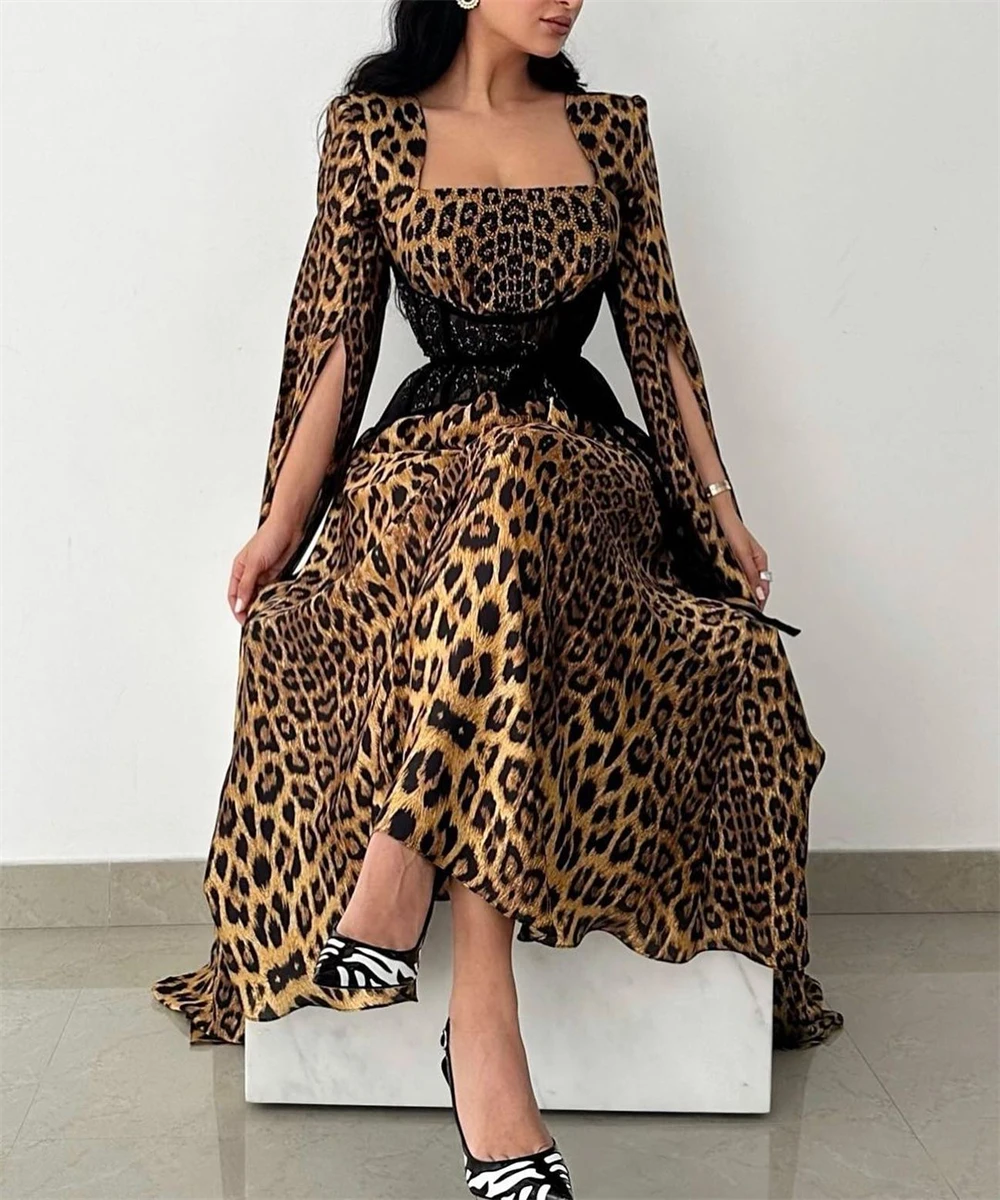 Vestido de graduación con escote cuadrado, traje Formal con estampado de leopardo, faja de noche A la moda, novedad de 2023