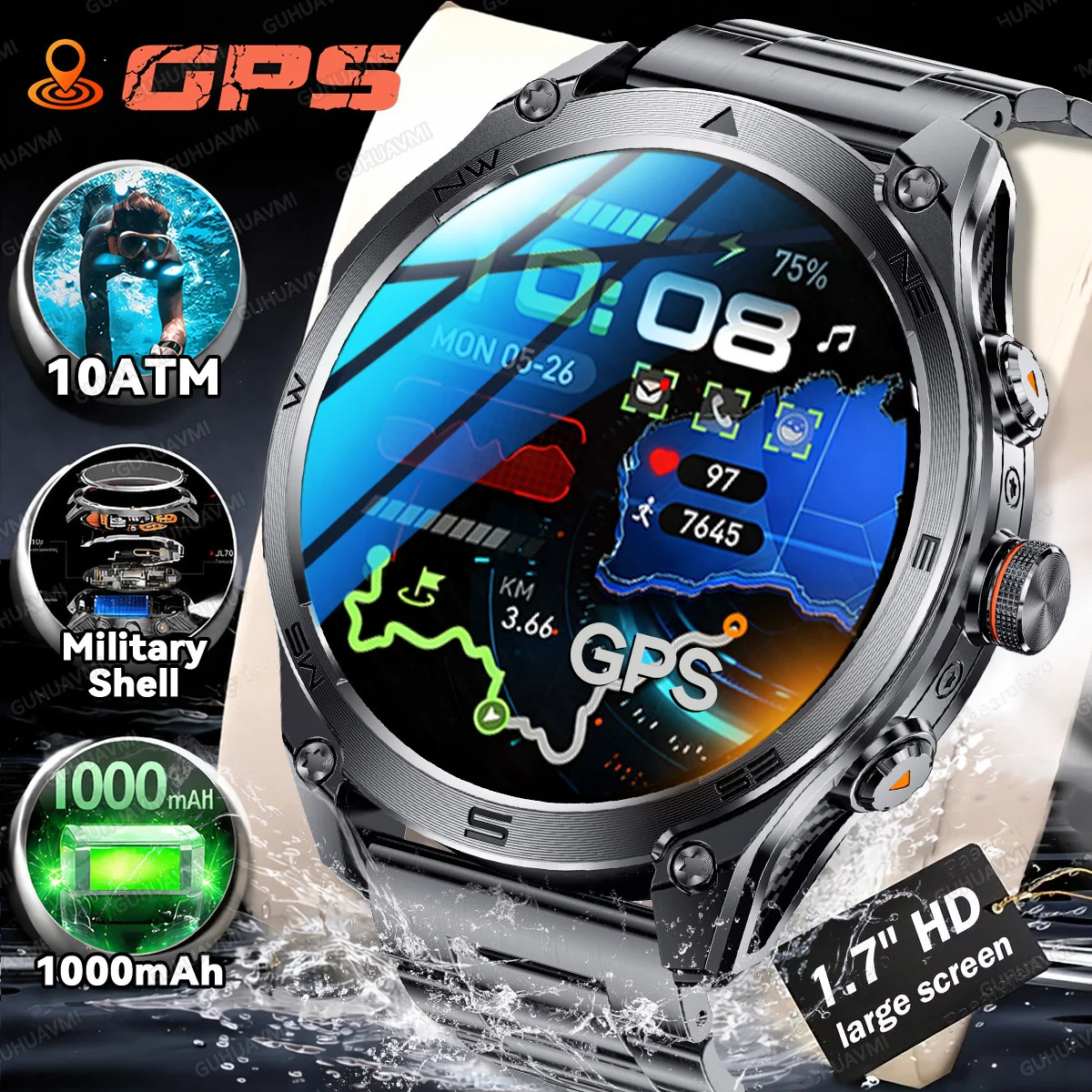 

2026 Dual-Band GPS Smart Watch 1.7" HD Outdoor Tracker Military Shell 10ATM Waterproof Route Tracking Heart Rate 1000mAh Battery