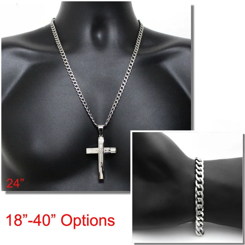 

Stainless Steel Cuban Chain Necklace Bracelet Set Cross Pendant for Men 7mm Curb Link