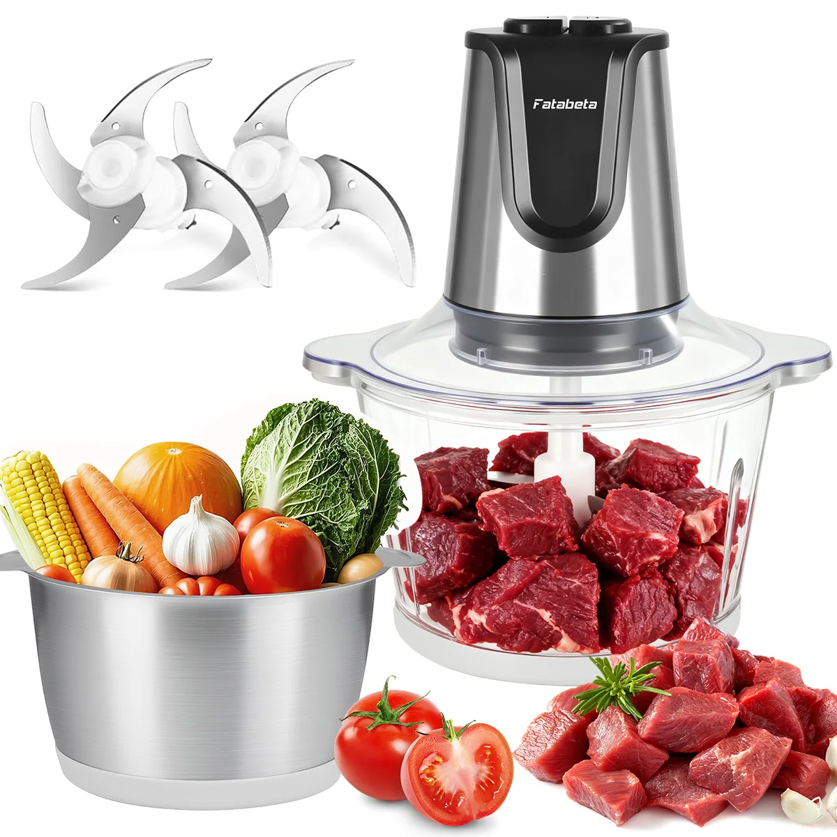 Hachoir à viande/robot culinaire électrique à double bol - Double vitesse ​ ​ Hachoir multifonctionnel avec bol en verre. Convient aux fruits, légumes, viandes, noix et autres ingrédients. Appareil de