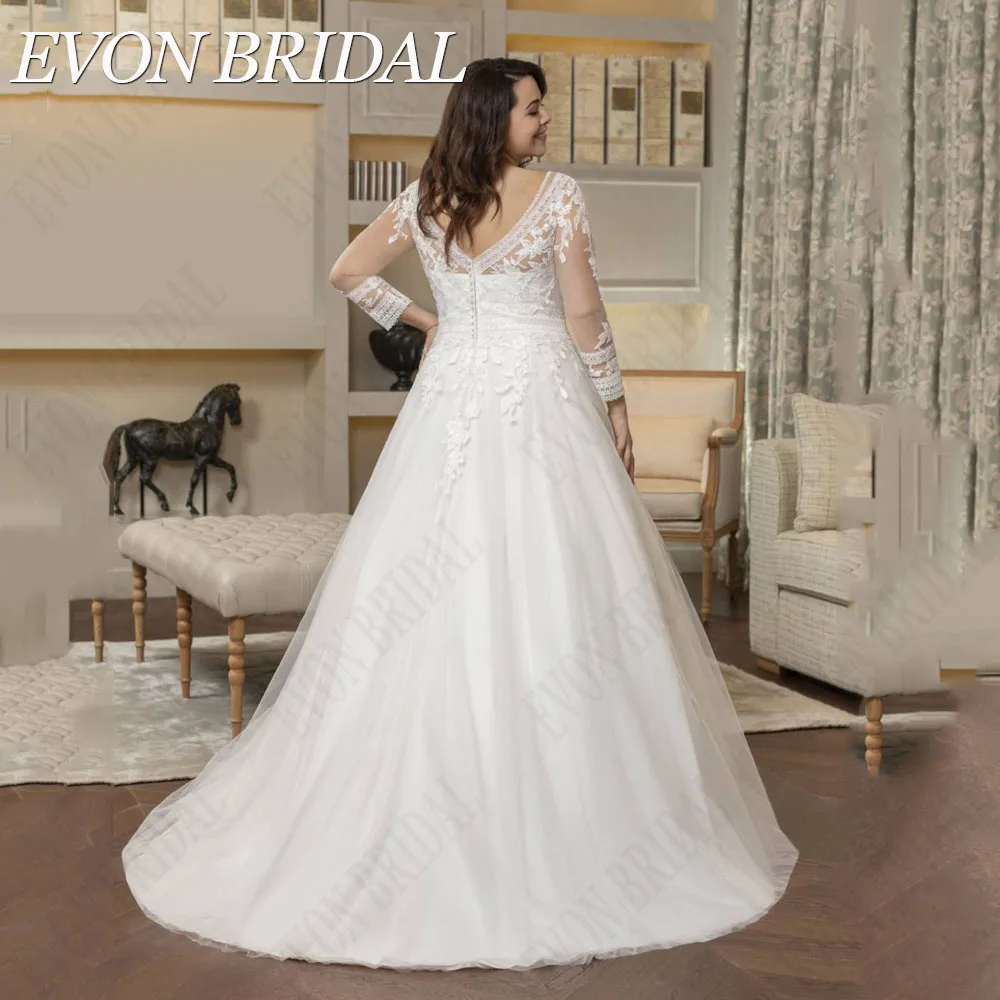 EVON BRIDAL 초대형 웨딩드레스 긴팔 V넥 스티커 A자 신부 드레스 단추 뒤 스커트 웨딩드레스EVON BRIDAL 오버사이즈 웨딩 원피스, 긴 소매 V넥 아플리케 A라인 신부 가운, 단추 백 스위프 트레인 웨딩 드레스