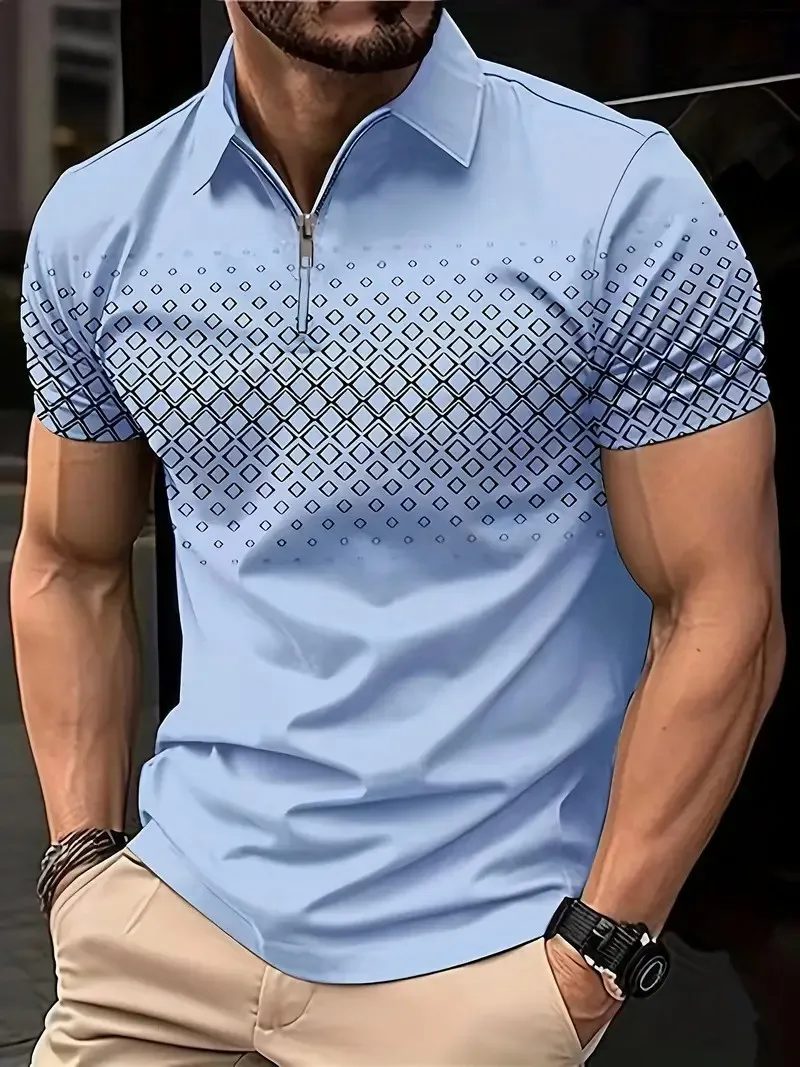 Camiseta con estampado de lunares para hombre, Polo con cremallera, Retro, informal, manga corta, ropa de calle de verano, informal, talla grande