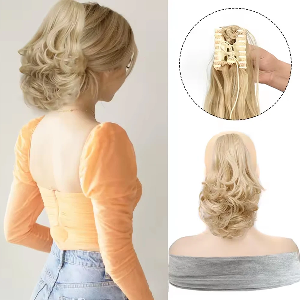 

Короткий, пушистый, вьющийся парик с хвостиком из синтетического волокна, легко носить, естественный вид, подходит для женщин.