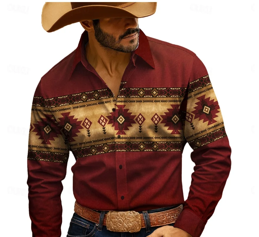 Men's Aztec ethnic shirt Western style shirt Long sleeved retro outdoor camping and hiking hunting Spring and Autumn button up s