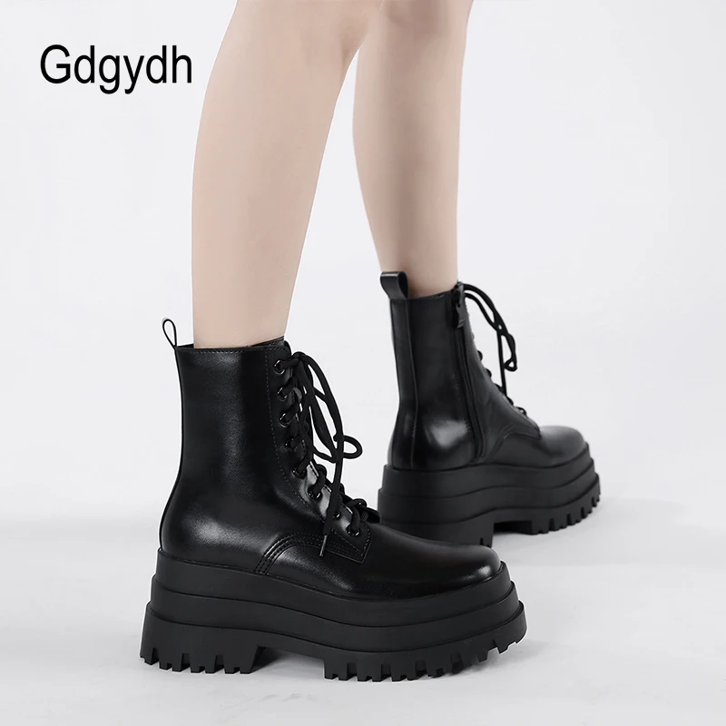 Gdgydh Women’s Combat Boots Lace up Mid Calf Boots Low Heel Chunky High Platform Booties Comfortable with Side Zipper Black