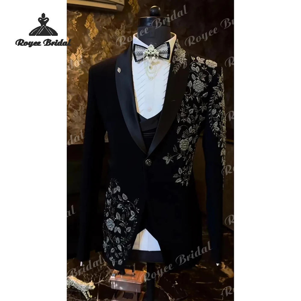 Two Piece Embroidered Black Velvet Wedding Men's Suits 2026 Satin Lapel Tuxedo Prom Business Suits costume homme mariage