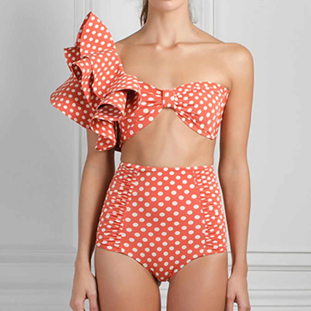 Tau Pink Ruffled Polka-Dot Print Bikini High Waist Tight Two Piece Swimsuit Ladies Sexy Triangle Cup Fashion 2024 Beachwear