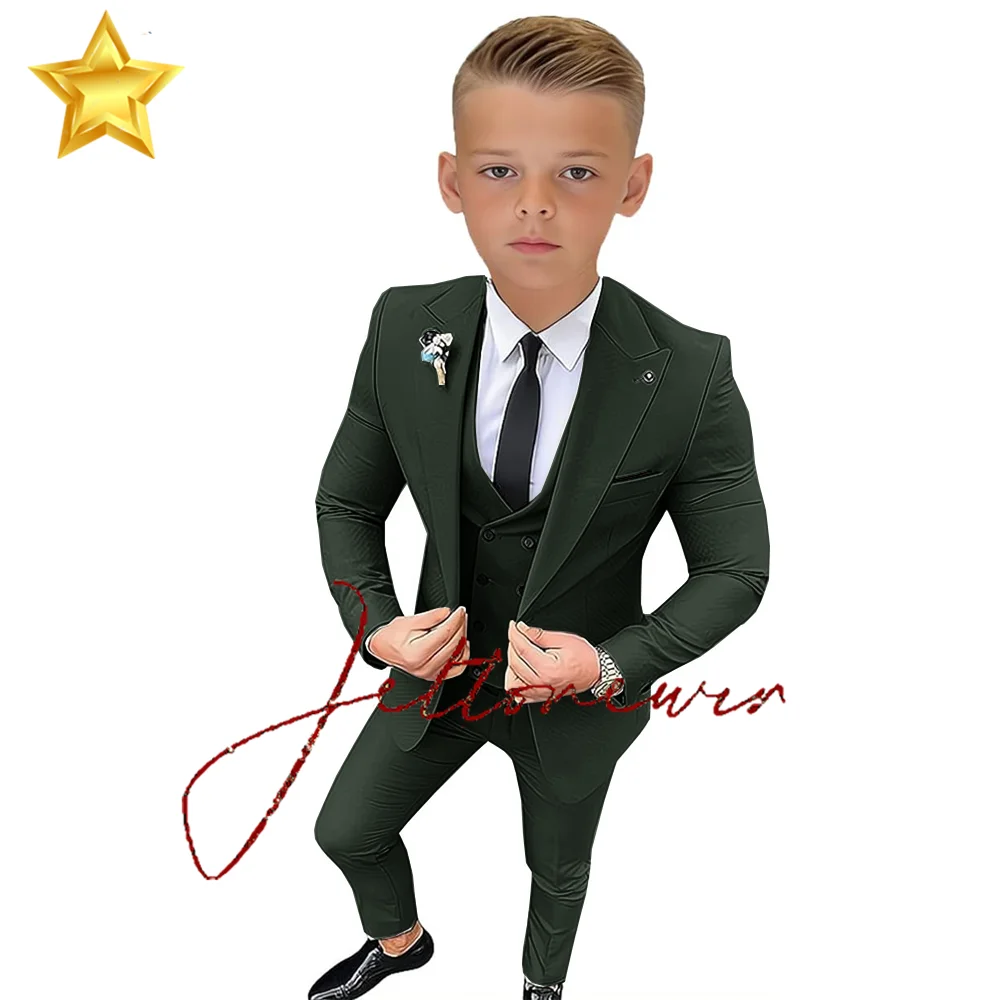 Boys Tuxedo Slim Fit Suit 3 Piece Peaked Lapel Kids Tuxedo Boys Formal Suit Jacket Vest Pants