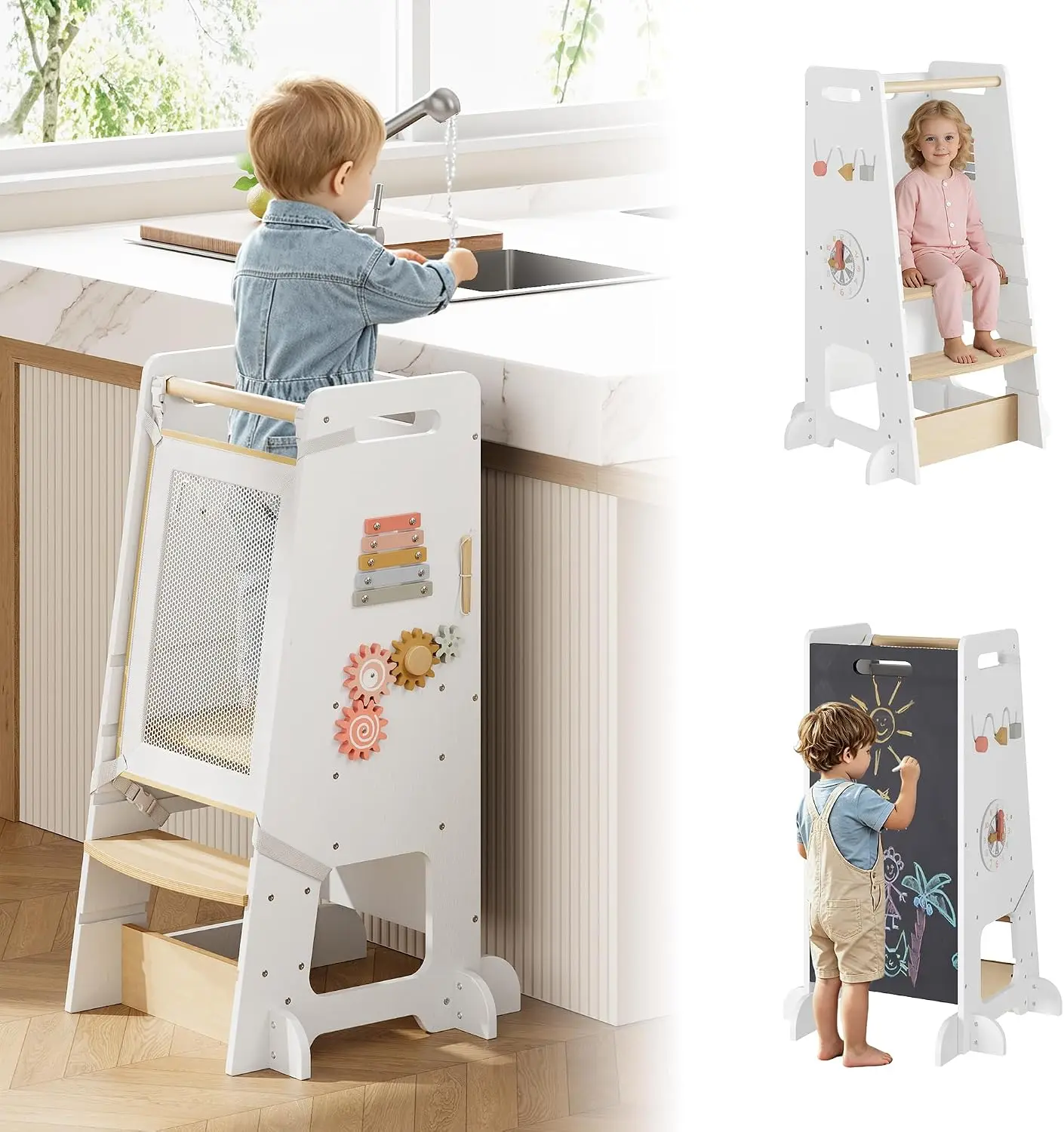 Torre Montessori per Bambini, Sgabello da Cucina Regolabile con Lavagna e 5 Attività Educative, Torre in Legno con Gradini Antiscivolo, Rete di Sicure