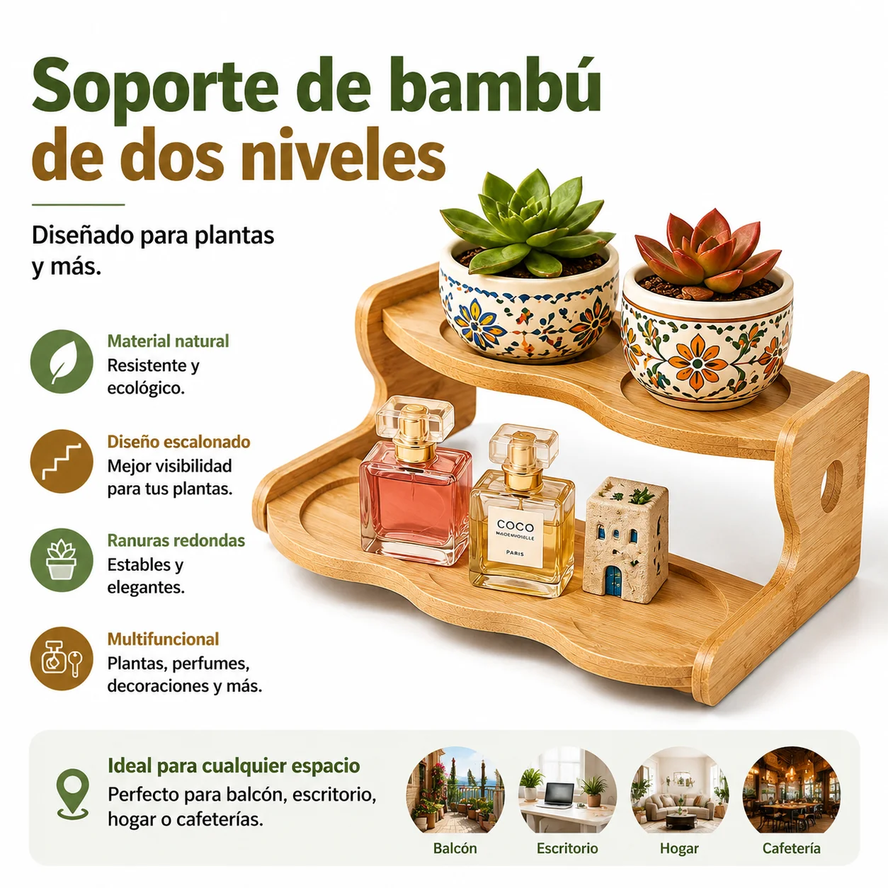 Étagère à deux niveaux en bambou pour plantes succulentes et mini-plantes avec fentes antidérapantes, multifonctionnelle pour balcon, bureau, chambre, café, décoration intérieure