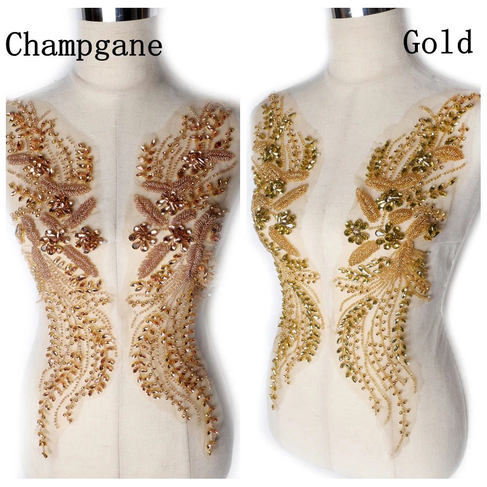 

HelluyerDc gold,champgane rhinestones beaded applique patch,15cm*56cm sew on for clothing DIY decoration Leaves flowers large