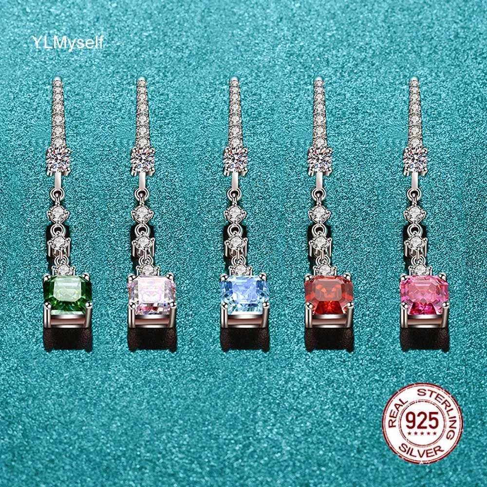 

YLMyself 925 Silver Tassel Moissanite Drop Earrings 6x6mm Asscher White Green Garnet Red Blue Pink