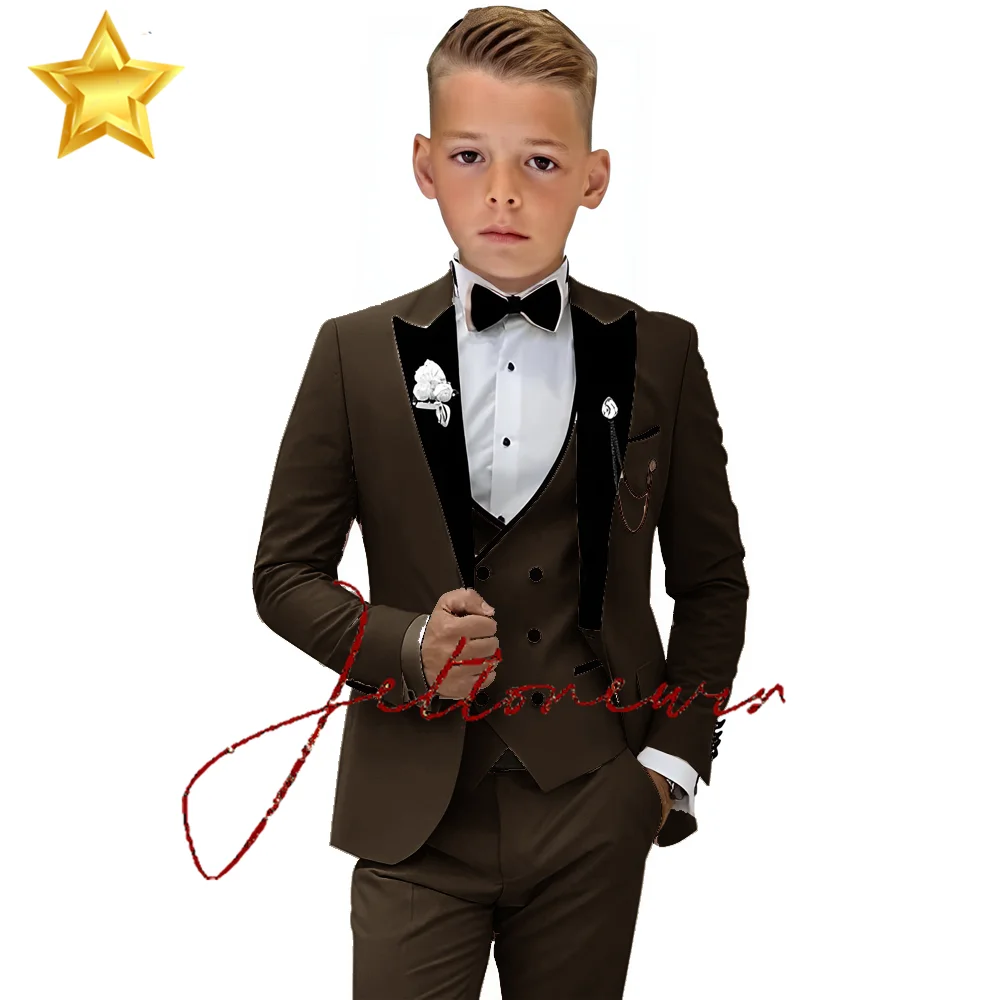 Beige Boys Tuxedo Suit Peak Lapel 3 Piece Slim Fit Kids Tuxedo Suits for Boys Party Blazer Set 3-16 Years