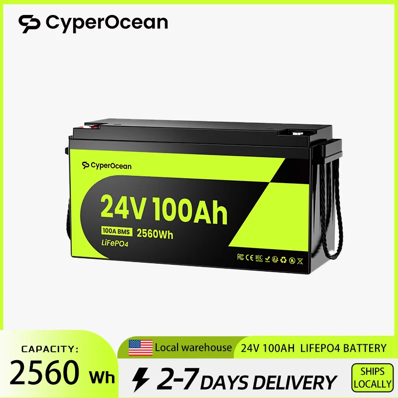 CyperOcean 24V 100Ah LiFePO4 Battery 100A BMS 6000 Cycles Low-Temp Protection 2560Wh For RV/Marine/ Home Storage/ Off-grid, 5-Year Warranty