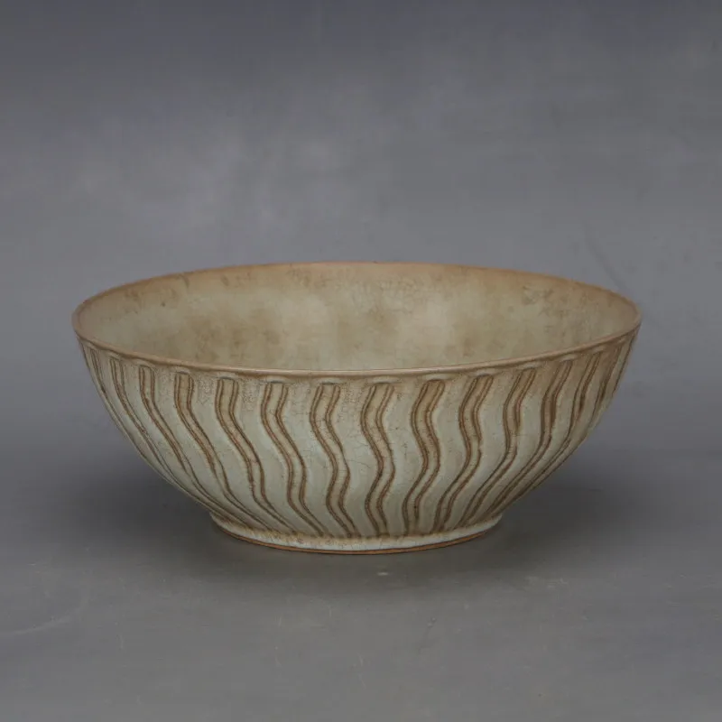 Antique Style Celadon Yellow Glaze Crackle Carved Stripe Bowl Longquan Ware Home Decor Collectible