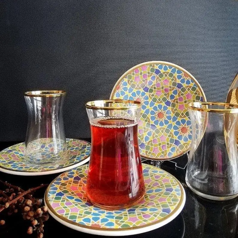 Patterned Tea Sets, Porcelain Plates and Cups, Elegant Tea Time Sets, Turkish Handmade, 165 cc. 5 1/2 oz.