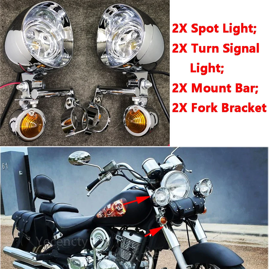 Chrome MotorcycleTurn Signal Driving Passing Spot Fog lights Drive Passing Indicator With Mount Bar Fork Bracket