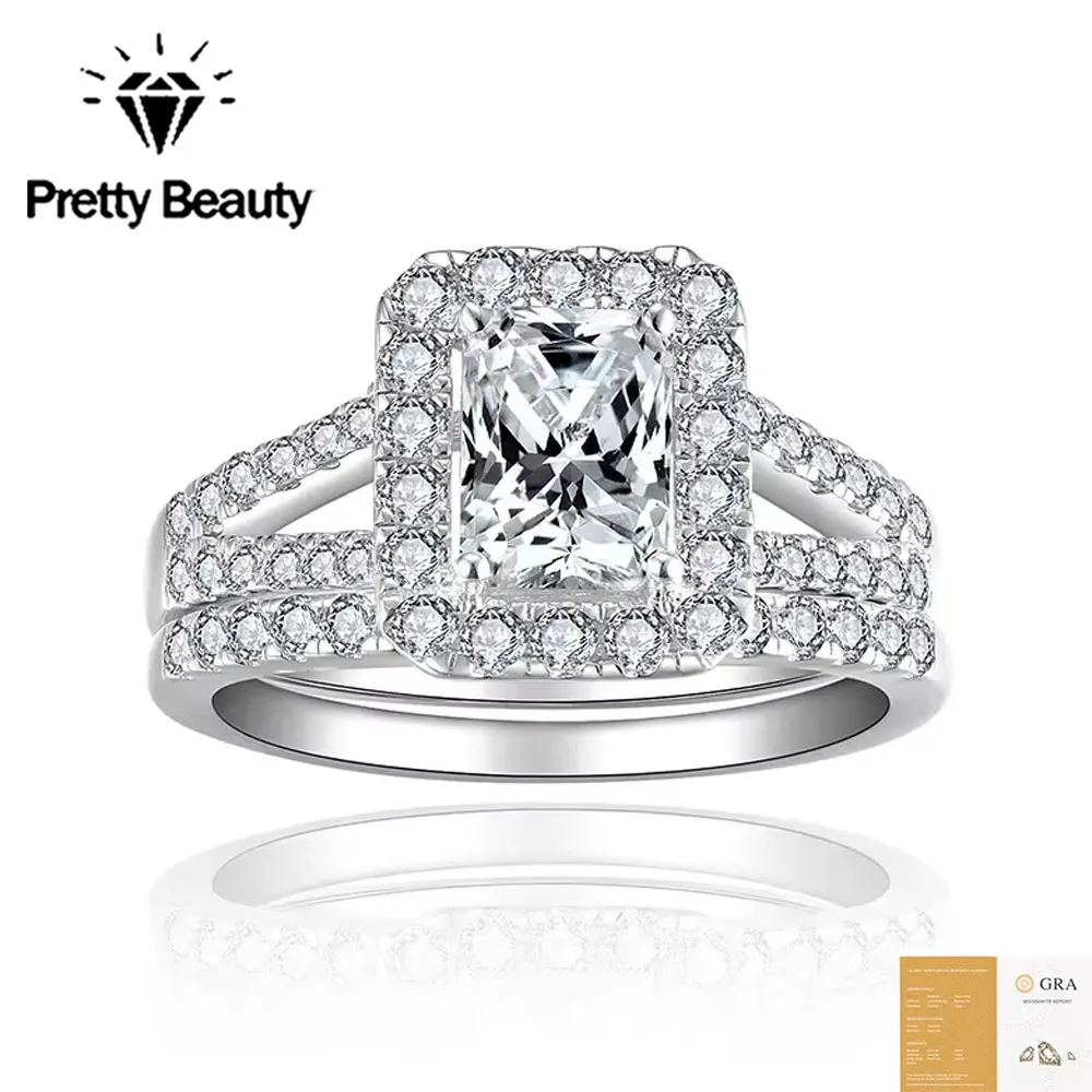 Pretty Beauty 1CT Radiant Cut Moissanite Engagement Ring for Women S925 Silver Halo Pave Band Wedding Ring Fine Jewelry Set Gift