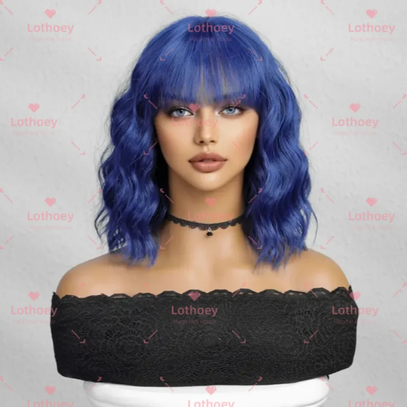 Peluca ondulada con flequillo azul, brillo natural, cómoda, transpirable, ligera, animada, cosplay, festival de música, peluca de cabello humano