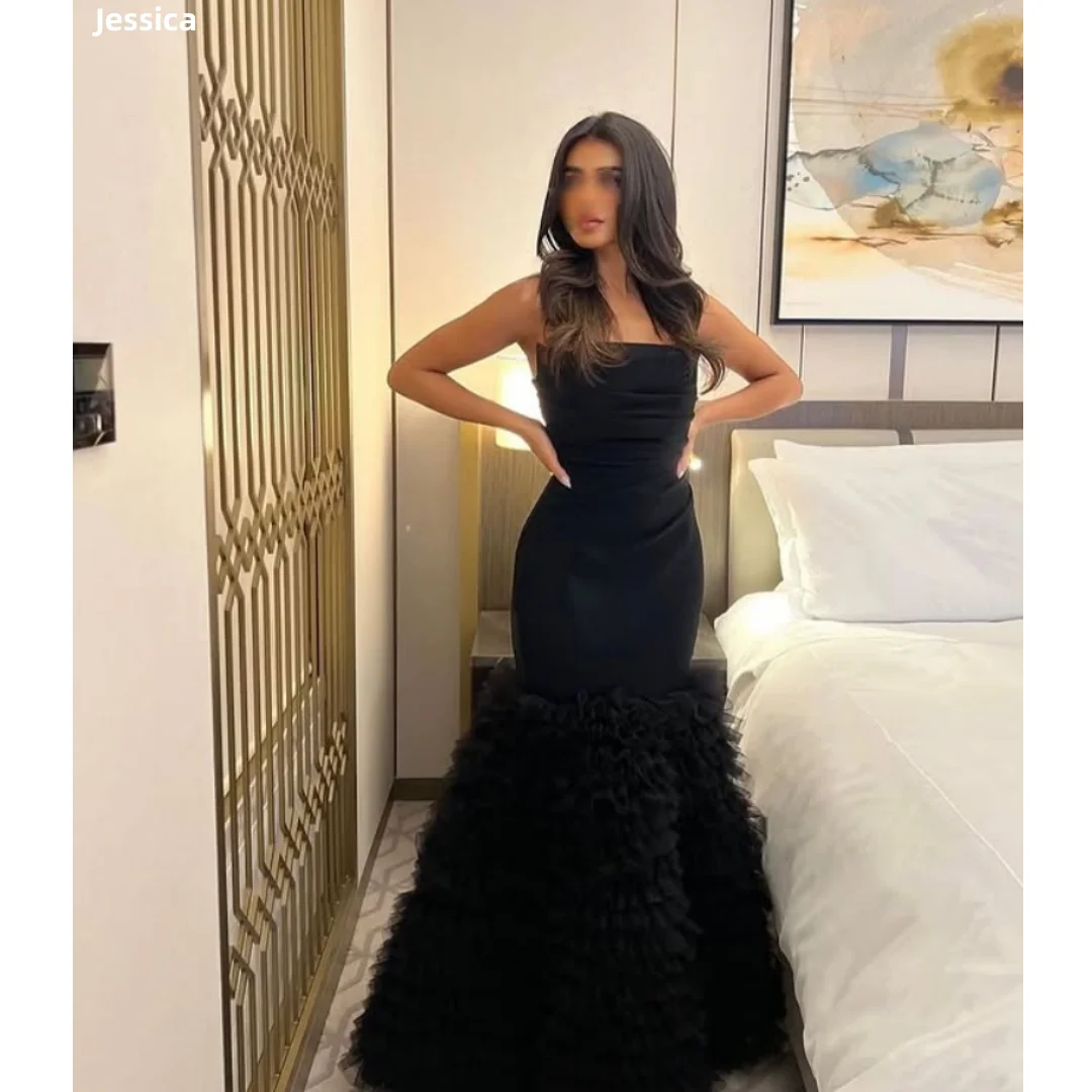 

Джессика Вечерние платья для торжественных случаев Черный тюль Многослойные платья для выпускного вечера с открытыми плечами Slim Fit Vestidos De Gala по индивидуальному заказу