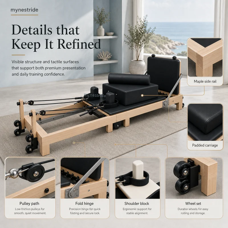 En stock en UE : Dernier modèle 2026 de Reformer Pilates pliable – équipement de fitness adapté aux studios de yoga, salles de sport et clubs privés ; idéal également pour une utilisation à domicile, le tonification corporelle et les entraînements quotidiens (inclut le Ladder Barrel)