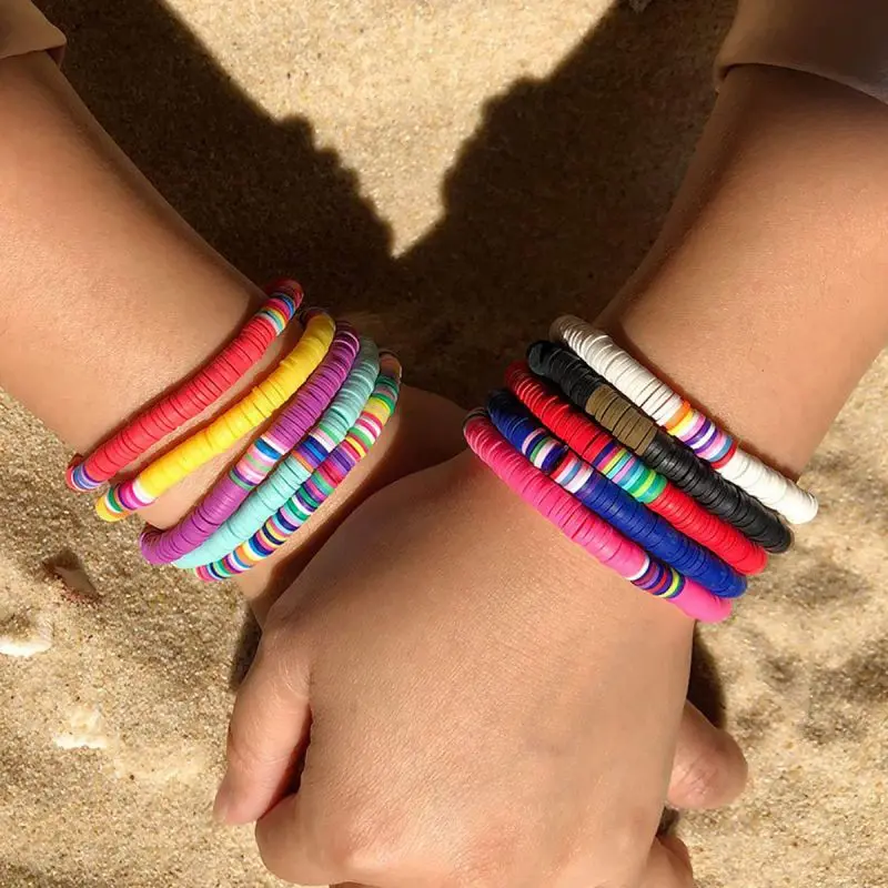 12Pcs/set Surfer Polymer clay String Stretch Bracelet Elastic Layered Friendship Bracelet Bohemian Summer Beach Jewelry