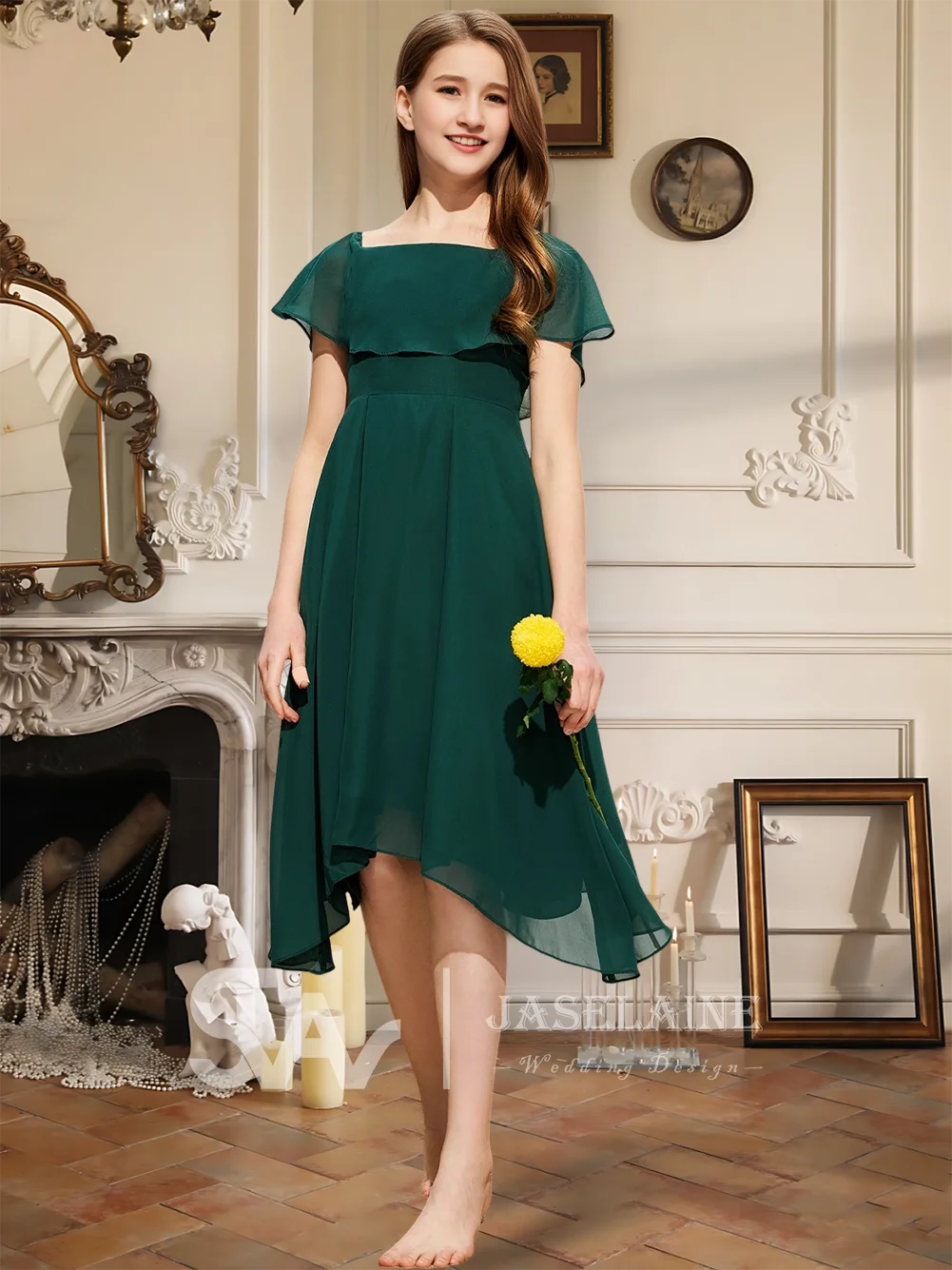 Темно-синее платье трапециевидной формы для подружек невесты, платье с цветочным узором для девочек, с развевающимися рукавами и бантом, шифоновое платье длиной до колена, свадебное торжественное платье для девочек