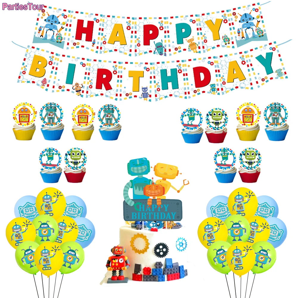 Robot Birthday Party cake topper Robot Party cake Decoration  Robot balloon banner decor Boy Robot Theme Party Decoration favors