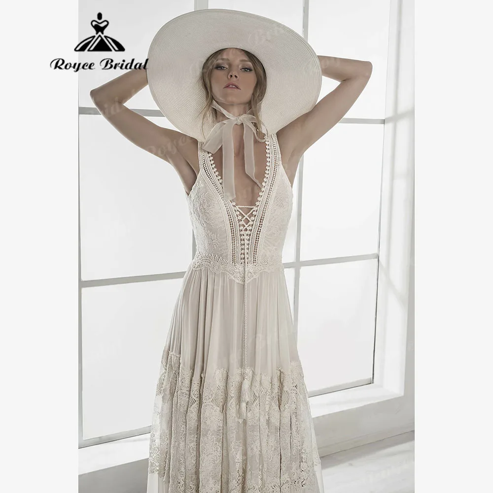 Rustic Country Deep V Neck Lace Beach Boho Bohemian Wedding Dress for Women 2024 Backless Bridal Gown vestidos novias boda Sexy