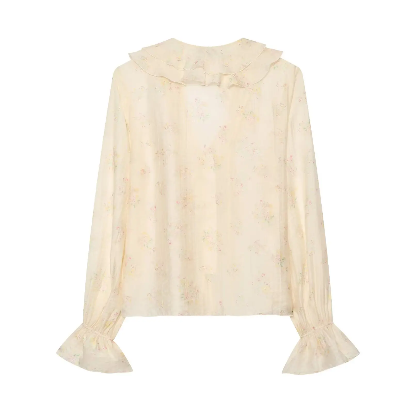 Womens Floral Print Chiffon Shirt Deep V Neck Ruffle Collar Bell Long Sleeve Drawstring Loose Blouse Cottagecore Boho Tops