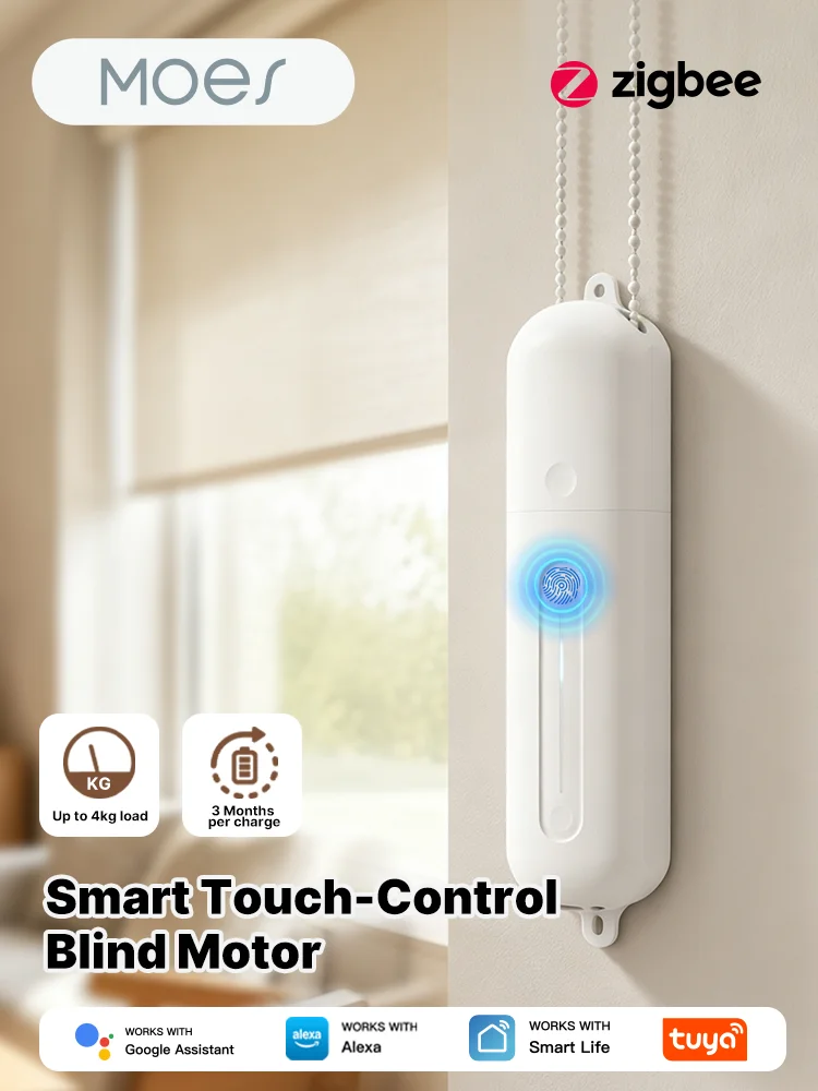 MOES Tuya Zigbee Rollladenmotor mit Touch-Steuerung, elektrischer automatischer Vorhangmotor, wiederaufladbar, mit Kugelkette, kompatibel mit Alexa und Google Home.