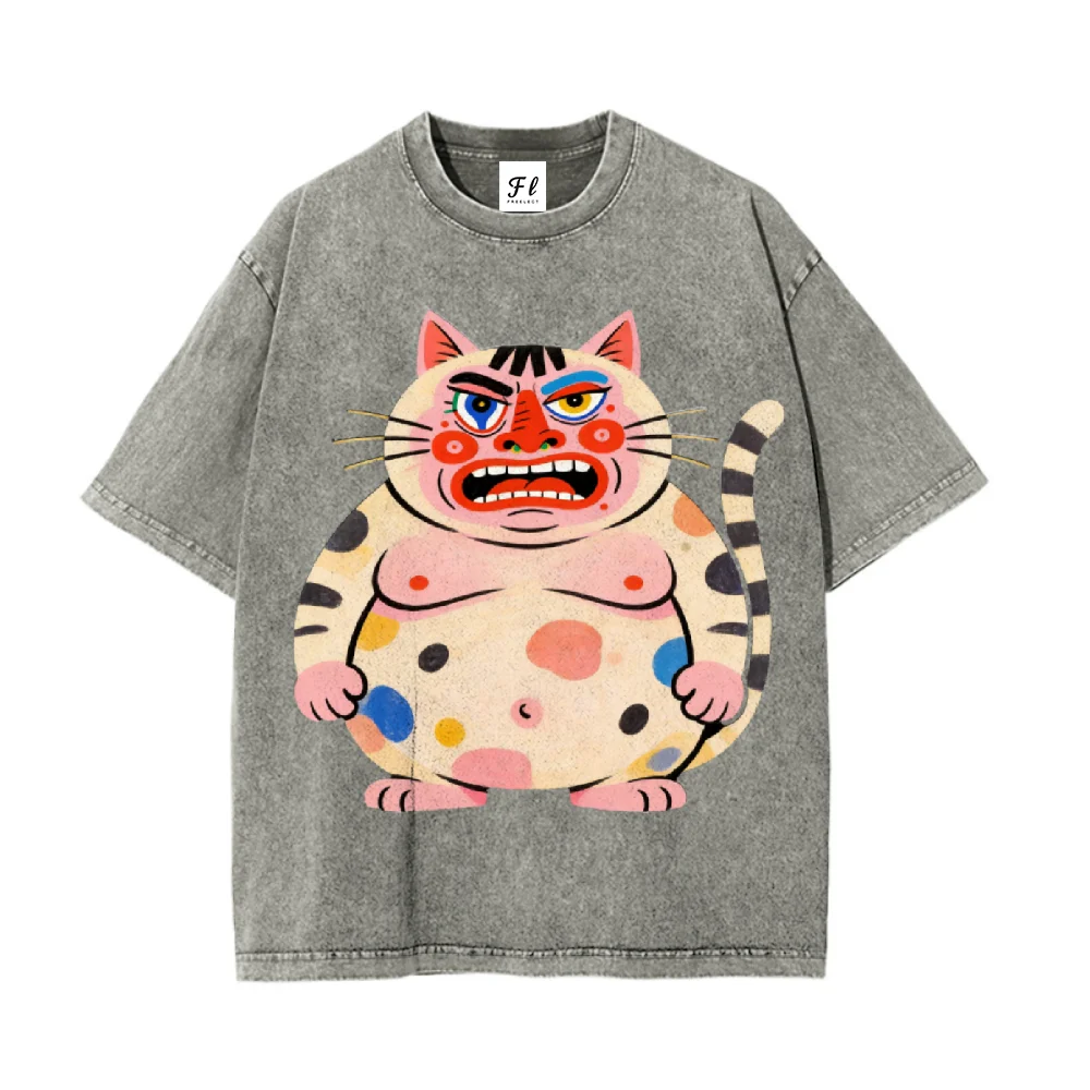 تي شيرت برسومات قطة سمينة مرحة، قماش مغسول، قمة كاجوال مريحة، ملابس الشارع الأساسية المريحة، ملابس يومية ناعمة