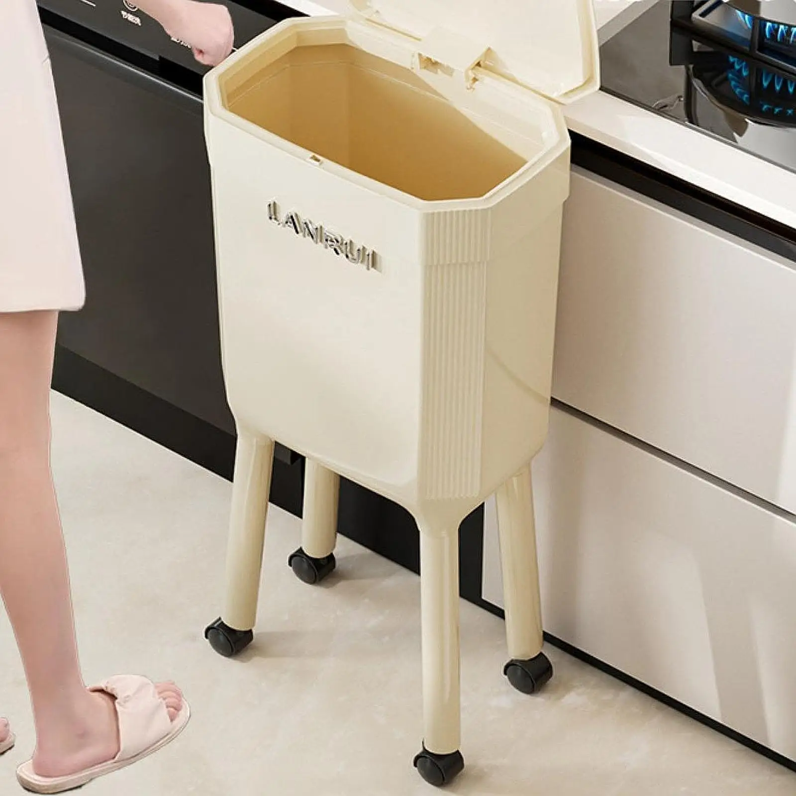 

Light Kitchen Bathroom Trash Can with Lid Movable High-Foot Storage Bucket Multifunctional Household Waste Bin for Living Room