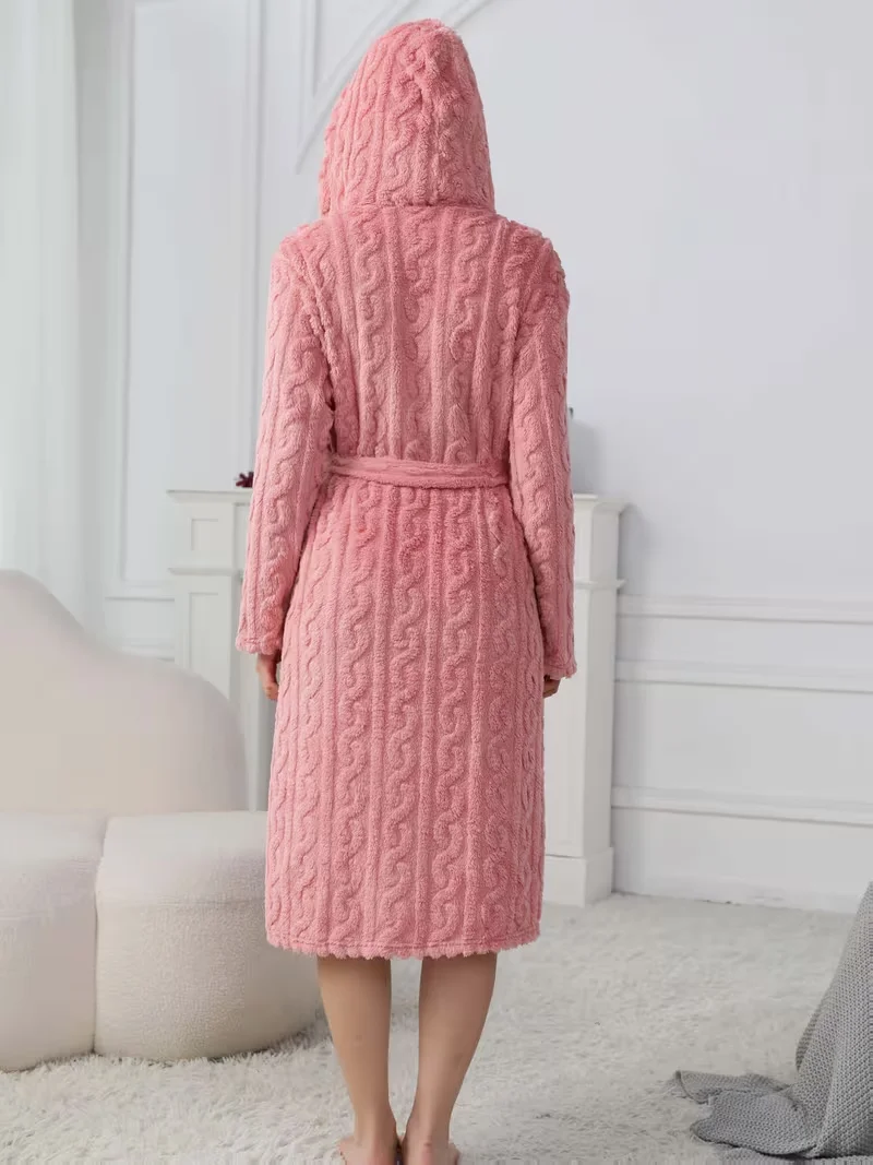 Pink Flannel Female Long Robe Lounge Wear Thicken Coral Fleece Hooded Bathrobe Gown Autumn Winter Loose Sleepwear Home Dress view 4