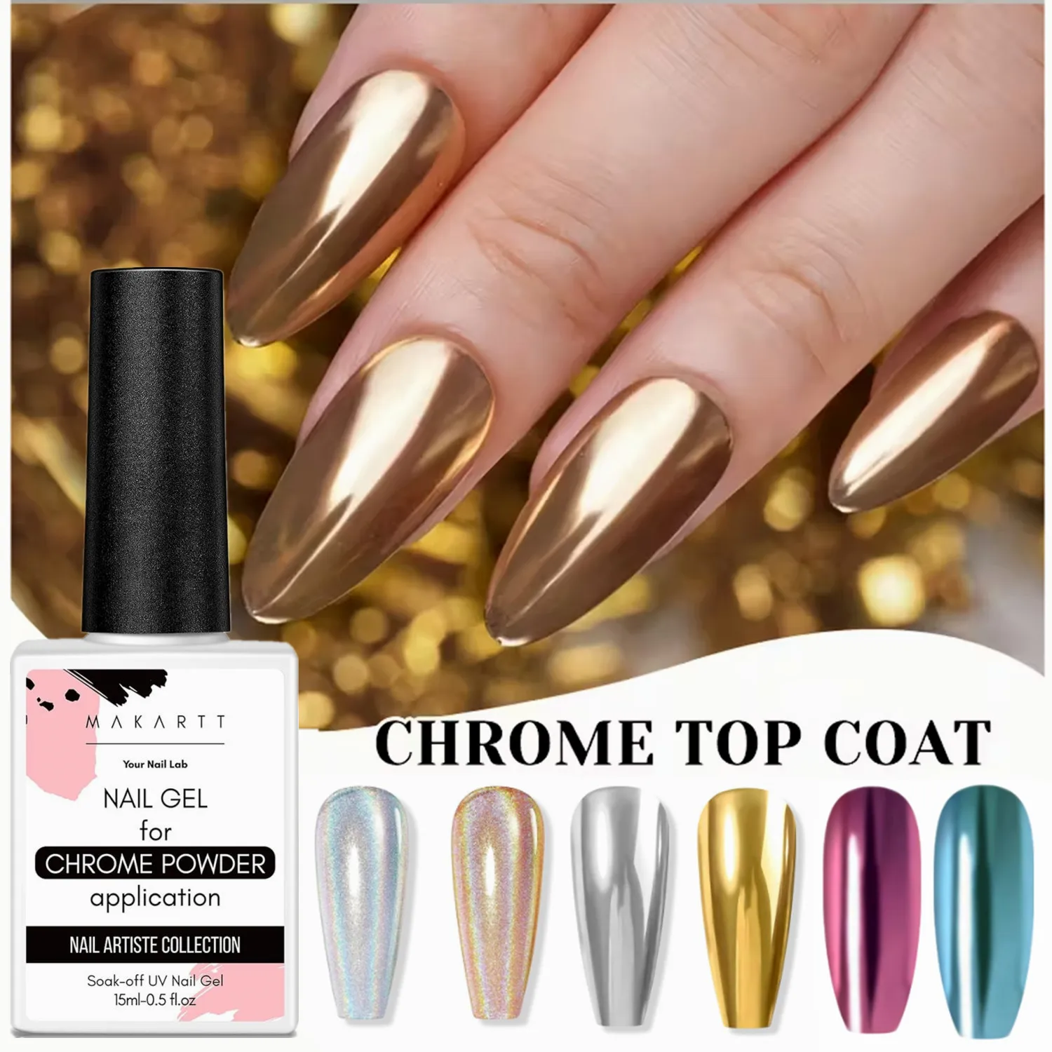 クロムネイルパウダー用ジェル トップコート：15ml ミラーシャイニー クロム ノンワイプ グロス トップコート 長持ち ソークオフ ネイルランプ対応