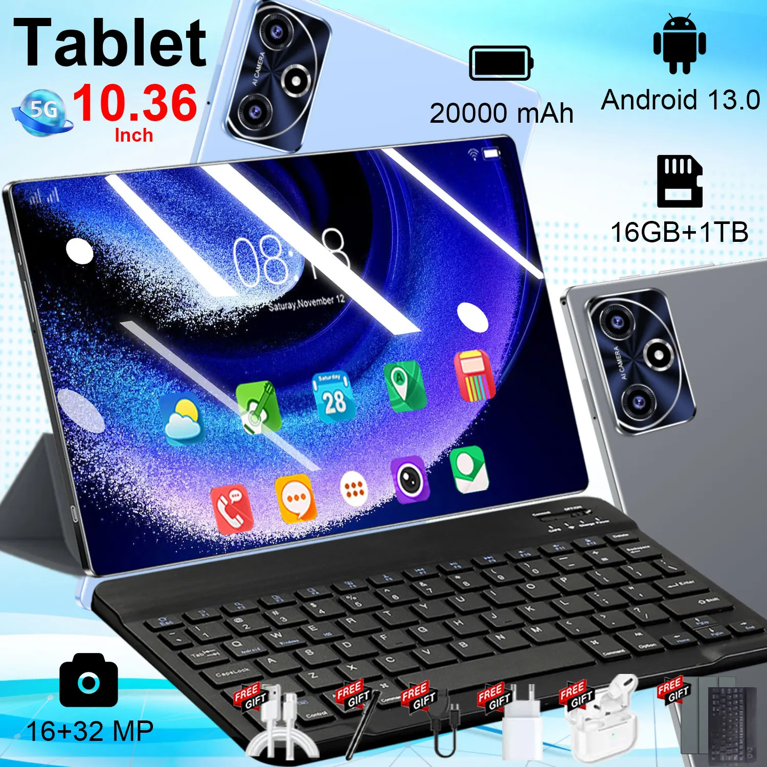 Tablette HD mondiale 10,36 pouces Android 16 Go 1 To 20000 mAh Android 13.0 14 cœurs Appel téléphonique Double SIM Wi-Fi Bluetooth Version mondiale GPS WPS