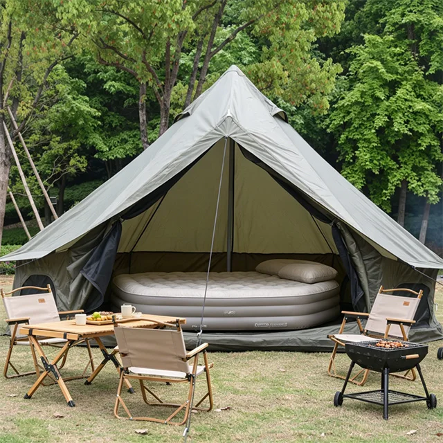 Ruime 9,8ft Yurt met kachelaansluiting, grote glamping tenten voor 3-4 personen, geschikt voor 4 seizoenen, zonwering en waterdichte Oxford-stof, opblaasbare tent met ramen, gaasramen en